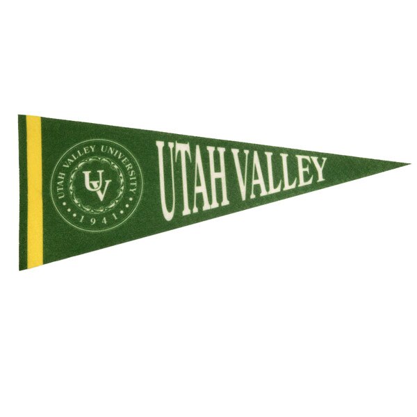 4x9 Inch vintage pennant, green and gold with the old University seal and “Utah Valley” on the front